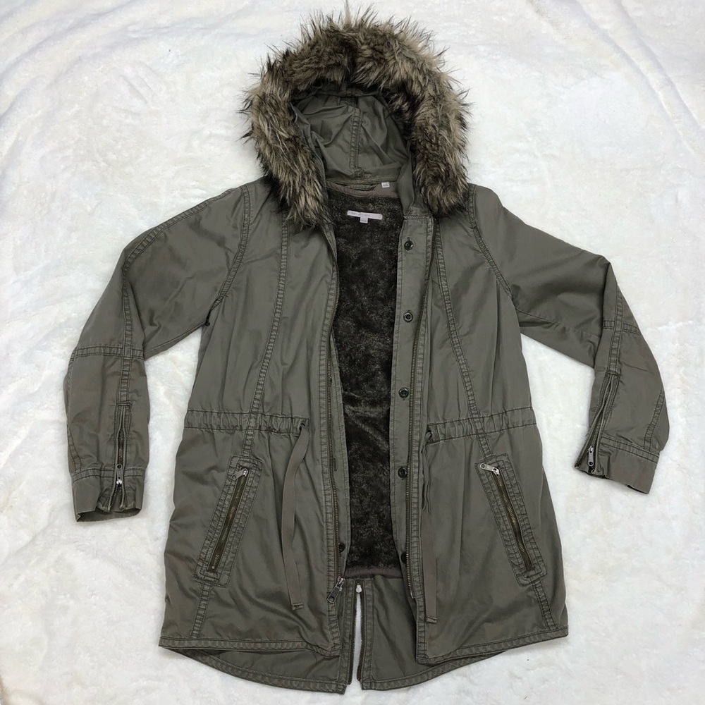 Gap XS womens anorak convertible jacket removable fuzzy lining green hood